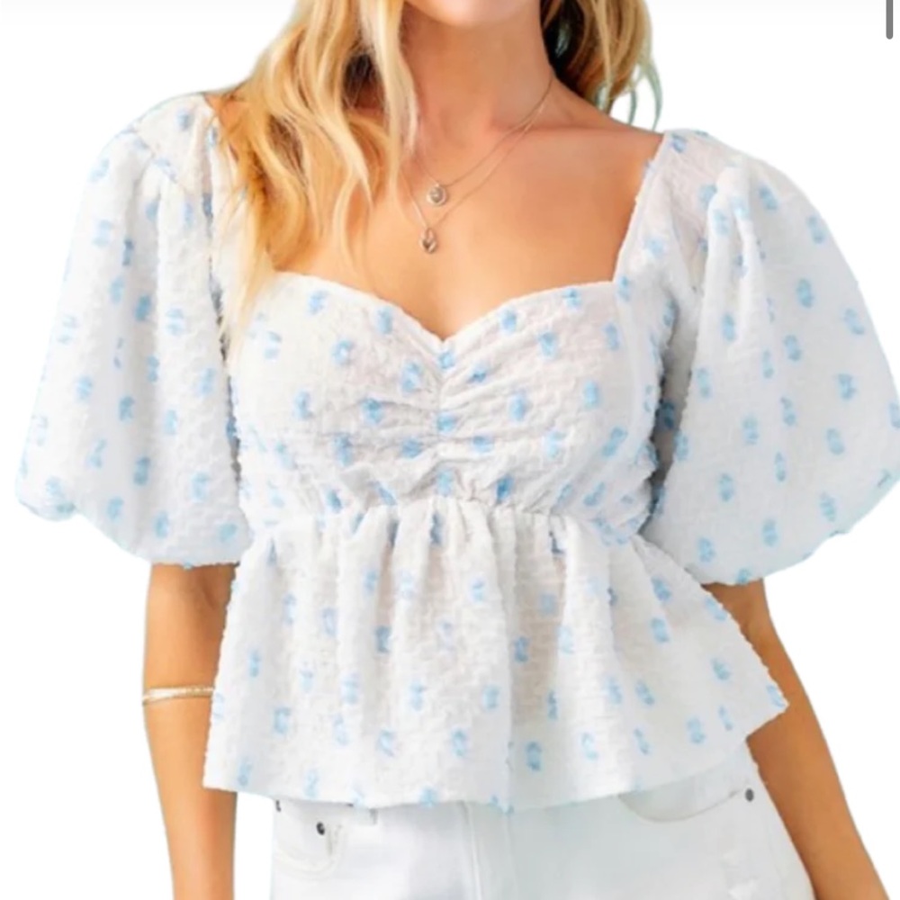 REVOLVE White Peplum Blouse with Light Blue Dots